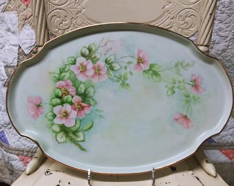 Signed Hand Painted Limoges Porcelain Pink Flower Platter with Gold Rim