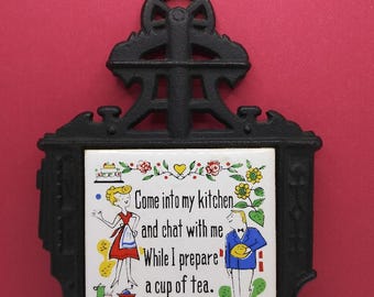 Vintage Kitsch 60's "Cup of Tea" Cast Iron & Tile Trivet