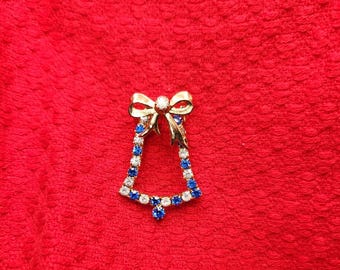 Blue and White Rhinestone Gold Tone Bell Brooch