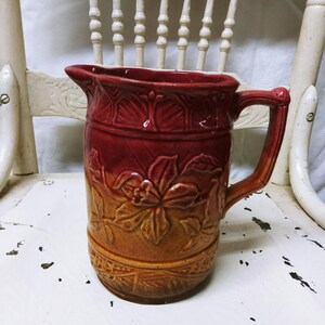 Antique Red and Yellow &quot;Flame&quot; Majolica Pitcher
