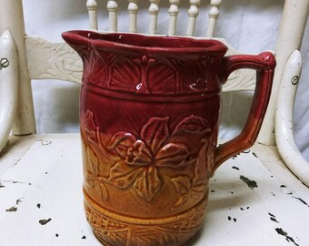 Antique Red and Yellow "Flame" Majolica Pitcher