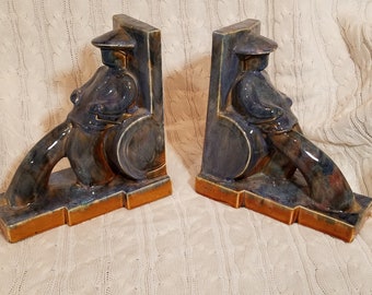Art Deco Ceramic Asian Man with Rickshaw Bookends