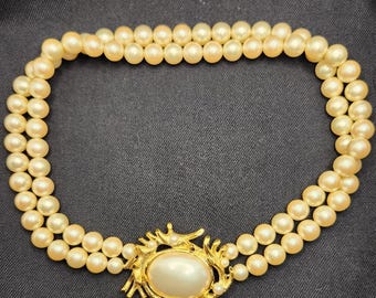 Trifari Double-Strand Faux Pearl Necklace with Gold Tone Coral Branch Design Clasp/Pendant
