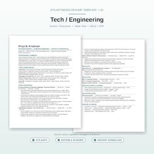 May include: A teal and white resume template titled "Tech / Engineering" with the text "ATS-OPTIMIZED RESUME TEMPLATE". The resume includes sections for professional summary, core competencies, work experience, and education. The document is designed for senior executives.