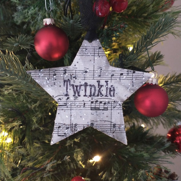 Sparkling TWINKLE Star Ornament; Handcrafted Recycled Antiqued Vintage Sheet Music; Unique Gift for Musician, Student, Teacher or Star Gazer