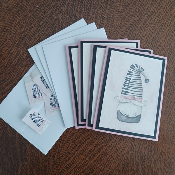 Musical Gnome with Piano Keyboard Cap; Set of 4 Cards; Handmade Card; Envelopes with Seals; Gnome Print from Original Artwork; Teacher Gift