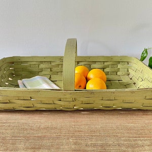 Vintage Large Green Slat Gathering Basket with Handle - Oak Splint