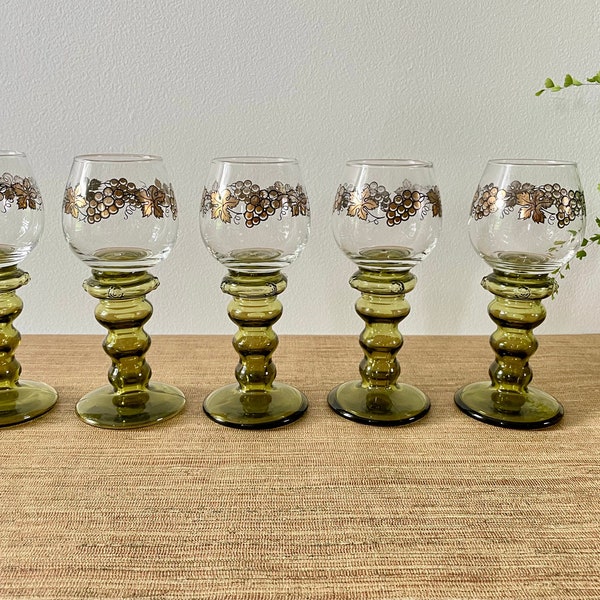 Vintage Wine Glasses - German Roemer Green Bubble Stem Wine Glasses - Set of 5 - Gold Grape and Leaves Design