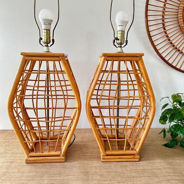 Vintage Pair of Tall Bent Rattan Table Lamps