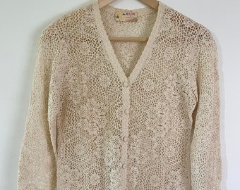 Vintage Ecru Hand Made Crochet Cardigan - 1960s Macrame Style V Neck Top - 100% Cotton - Shanghai