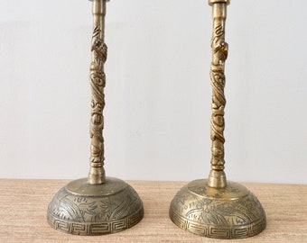 Vintage Etched Solid Brass Carved Candle Holders - Set of 2