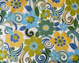 Mill Creek Fabrics - Floral Screen Print - Yellow Blues Greens - Cream Background - Decorator Fabric - 7 Yards