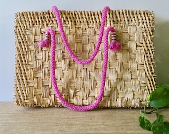 Vintage Woven Italian Handbag Tote by Magid - Hot Pink Handles Gold Tone Accents - Boho Chic Purse - Beach Bag