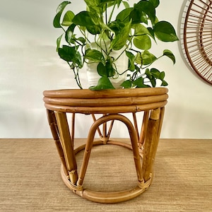 May include: A round, natural-toned bamboo plant stand with a white ceramic pot holding a green leafy plant. The stand has a circular top and base, connected by curved bamboo legs. The plant has vibrant green leaves.