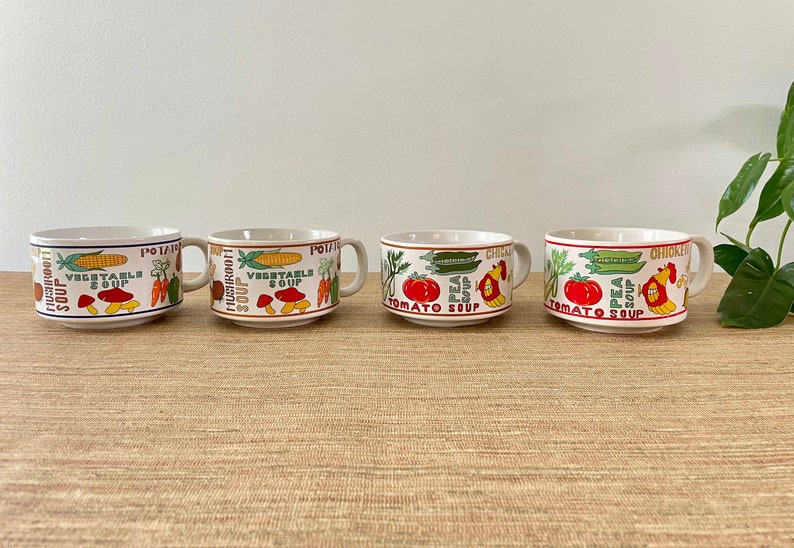 Vintage Soup Mugs Set of 4 Tomato Chicken Vegetable Mushroom Onion Pea Celery image 2