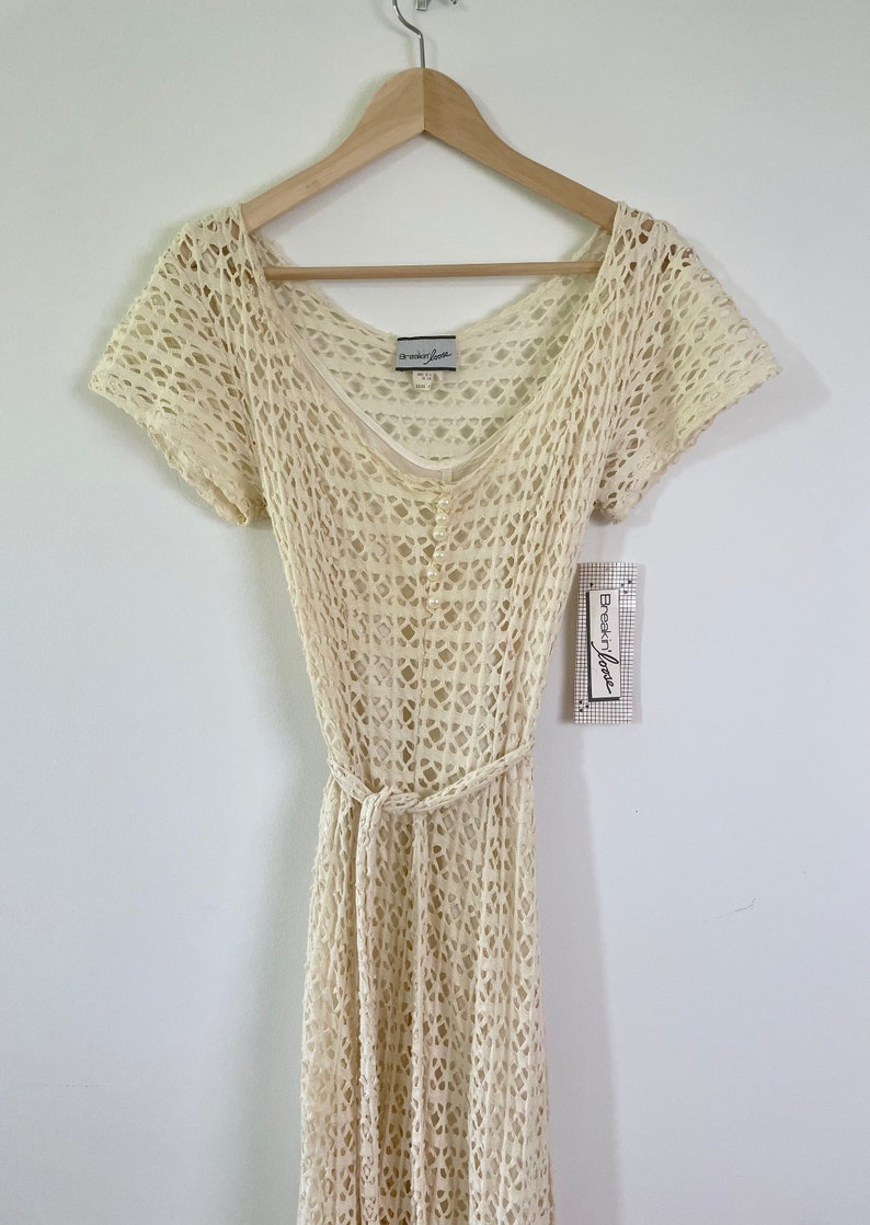 Vintage Cream Maxi Cutwork Dress with Scoop Neck and Cap Sleeves Breakin Loose Size 9/10 NWT Boho Dress image 1