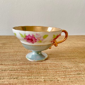 Vintage Hand Painted Floral Green and Gold Teacup - Bone China - Japan