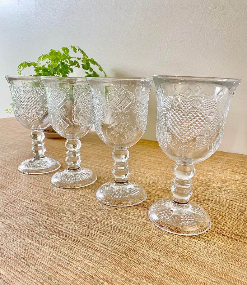 Vintage Avon Pressed Glass Water Goblets Set of 4 Heart & Diamond Fostoria Loving Cup image 3