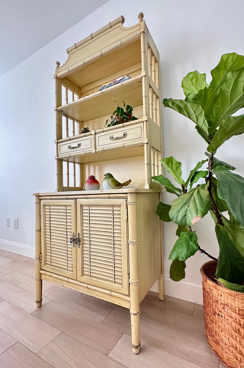 Vintage Henry Link Bali Hai Louvered Cabinet with Hutch Yellow Faux Bamboo Bookshelf image 3