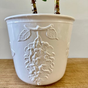 Vintage White Glazed Ceramic Planter with Grapes and Butterflies Made in Italy image 3