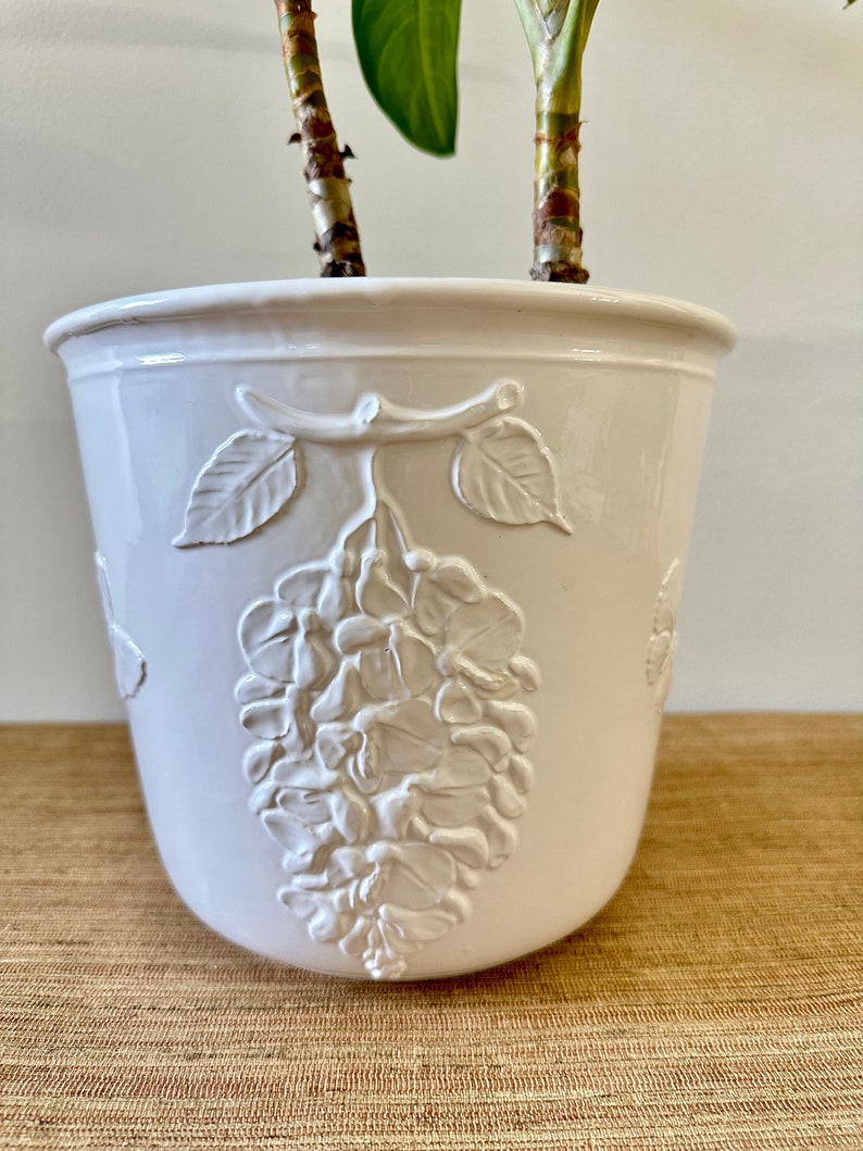 Vintage White Glazed Ceramic Planter with Grapes and Butterflies Made in Italy image 3