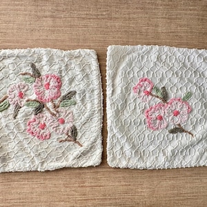 Vintage Floral Chenille Pillow Covers by Cabin Craft - Set of 2 - Off White With Pink Flowers