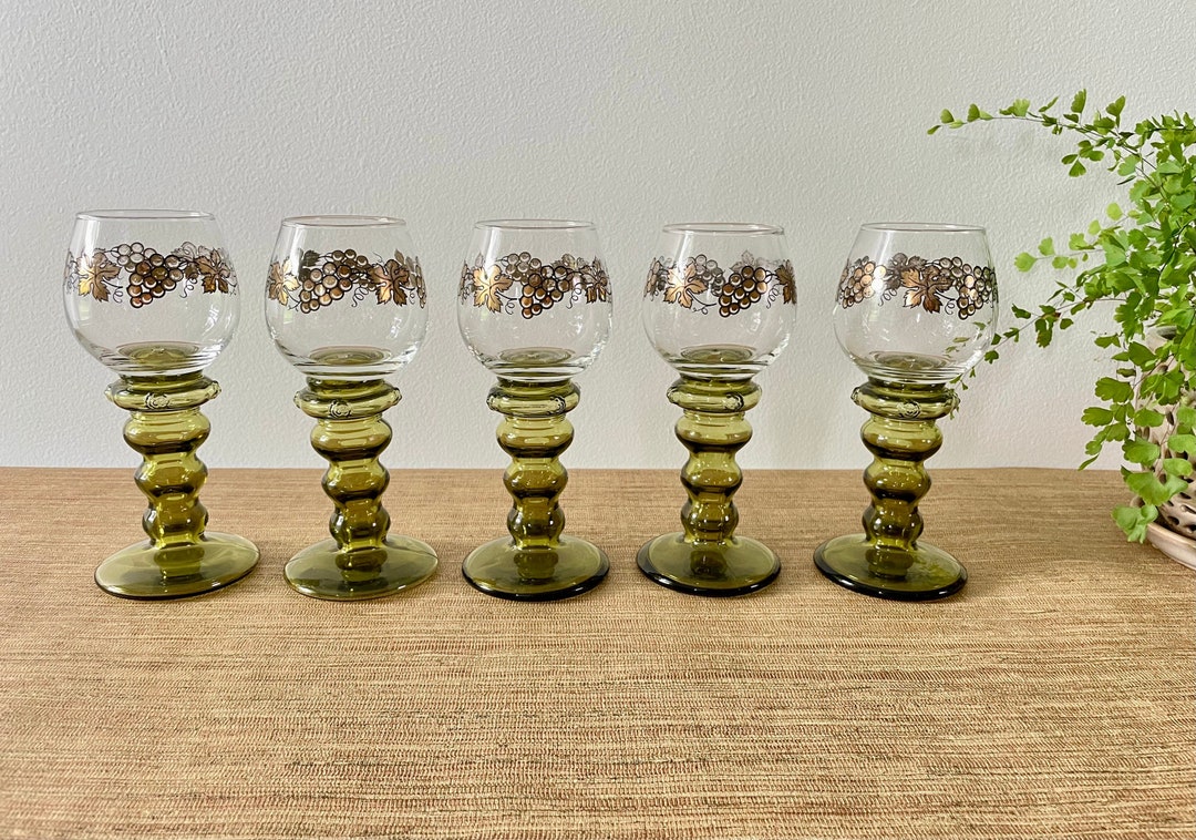 Vintage Wine Glasses German Roemer Green Bubble Stem Wine Glasses Set