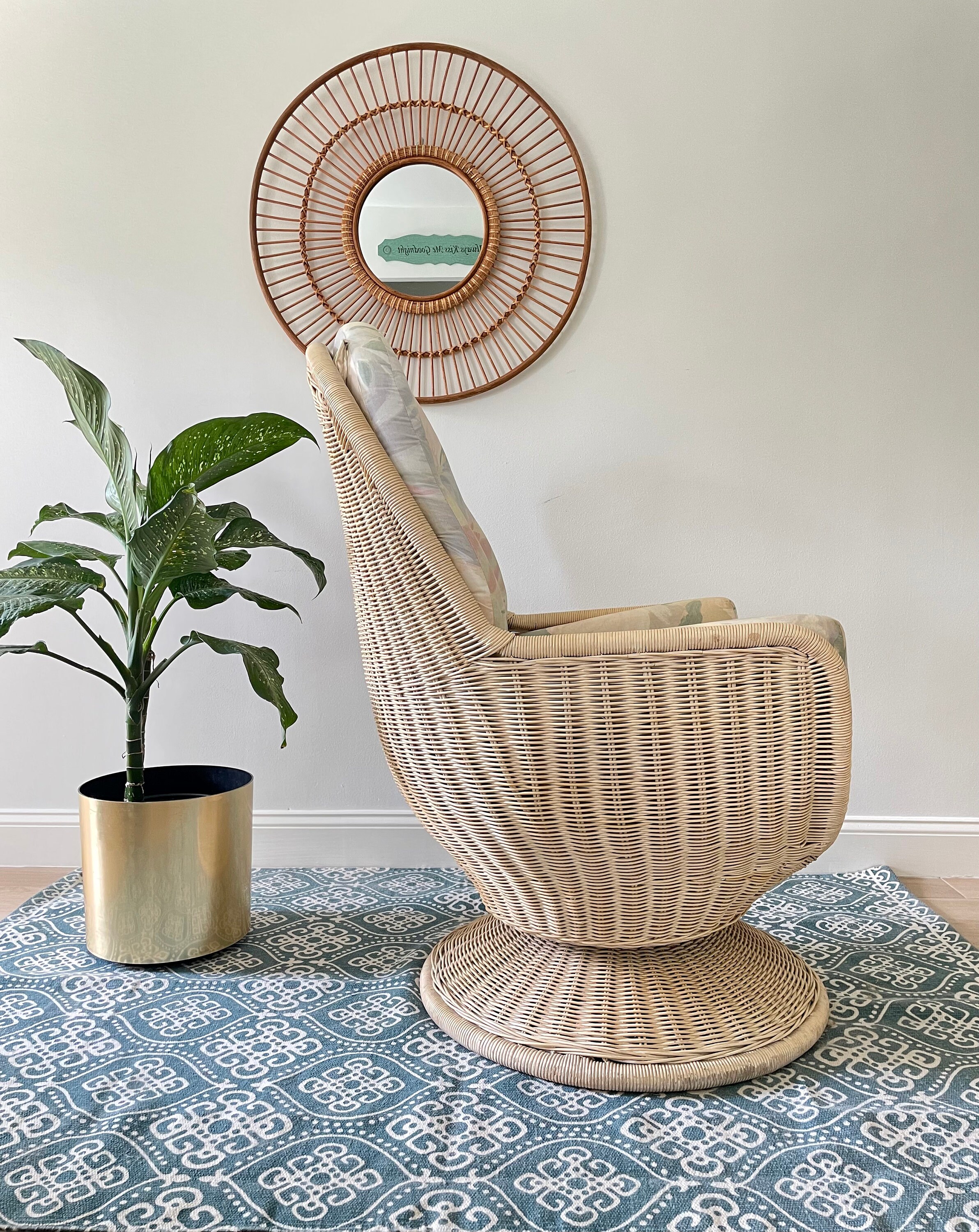 Vintage Wicker Swivel Egg Chair With Original Cushions Boho Style