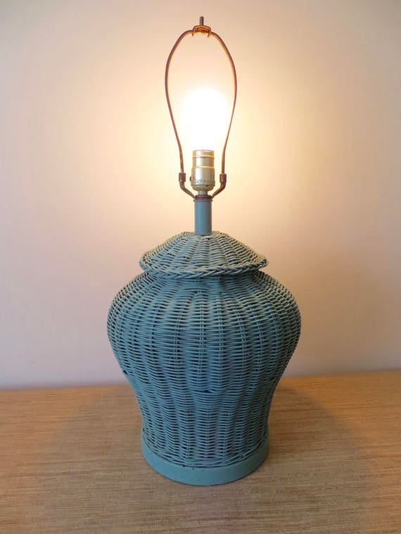 Vintage Wicker Table Lamp Ginger Jar Shape Seafoam Green Cottage Style