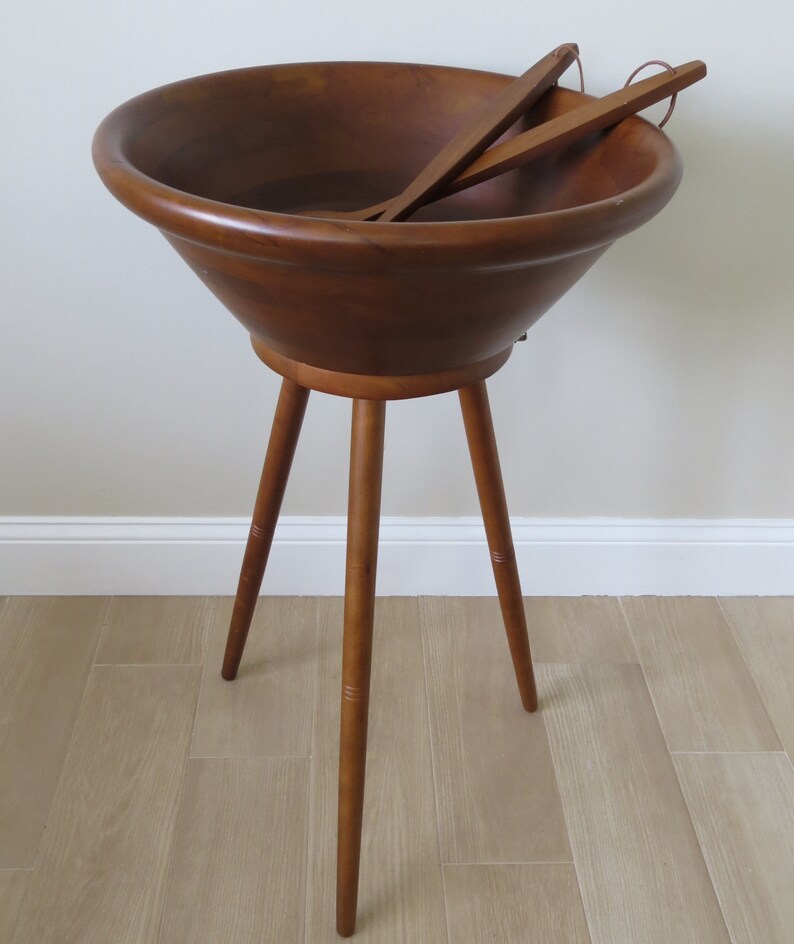 Vintage Large Wood Salad Bowl with Stand and Salad Tongs Etsy