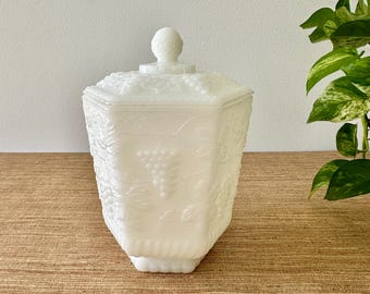 Vintage Anchor Hocking Fire King Milk Glass Cookie Jar - Harvest Grape