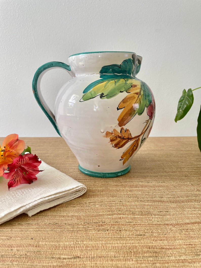 Vintage Italian Hand Painted Ceramic Pitcher Colorful Grapes and Leaves image 6