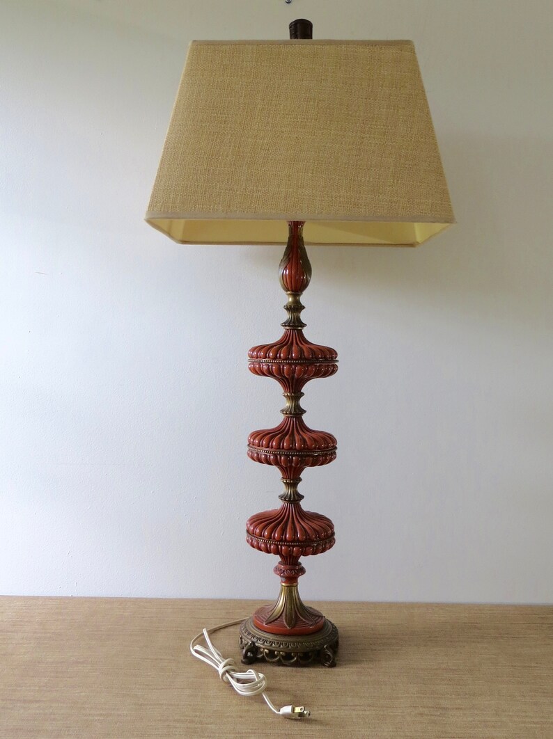 Mid Century Tall Metal Table Lamp With Shade Orange Rust Color Linen