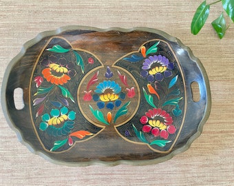 Vintage Mexican Hand Painted Oval Wood Tray - Hand Carved