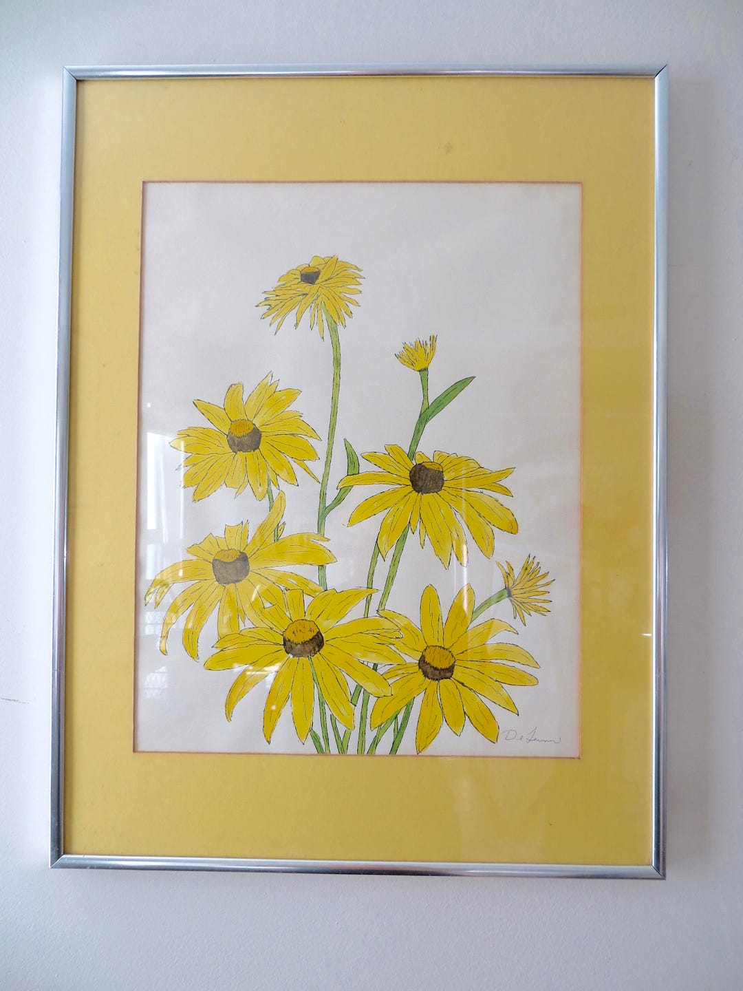 Vintage Framed Floral Art of Yellow Black Eyed Susan Flowers Etsy