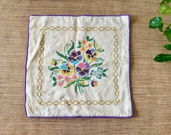 Vintage Floral Pansy Cross Stitch Pillow Case - Hand Made