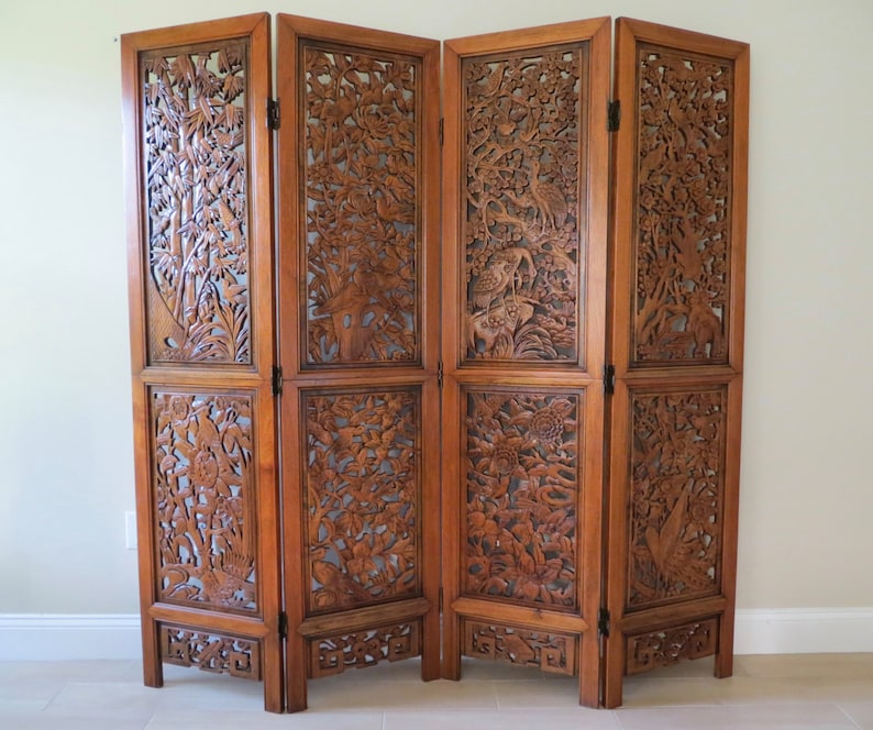 ON SALEVintage Oriental Hand Carved Wood Divider Four Panel Etsy