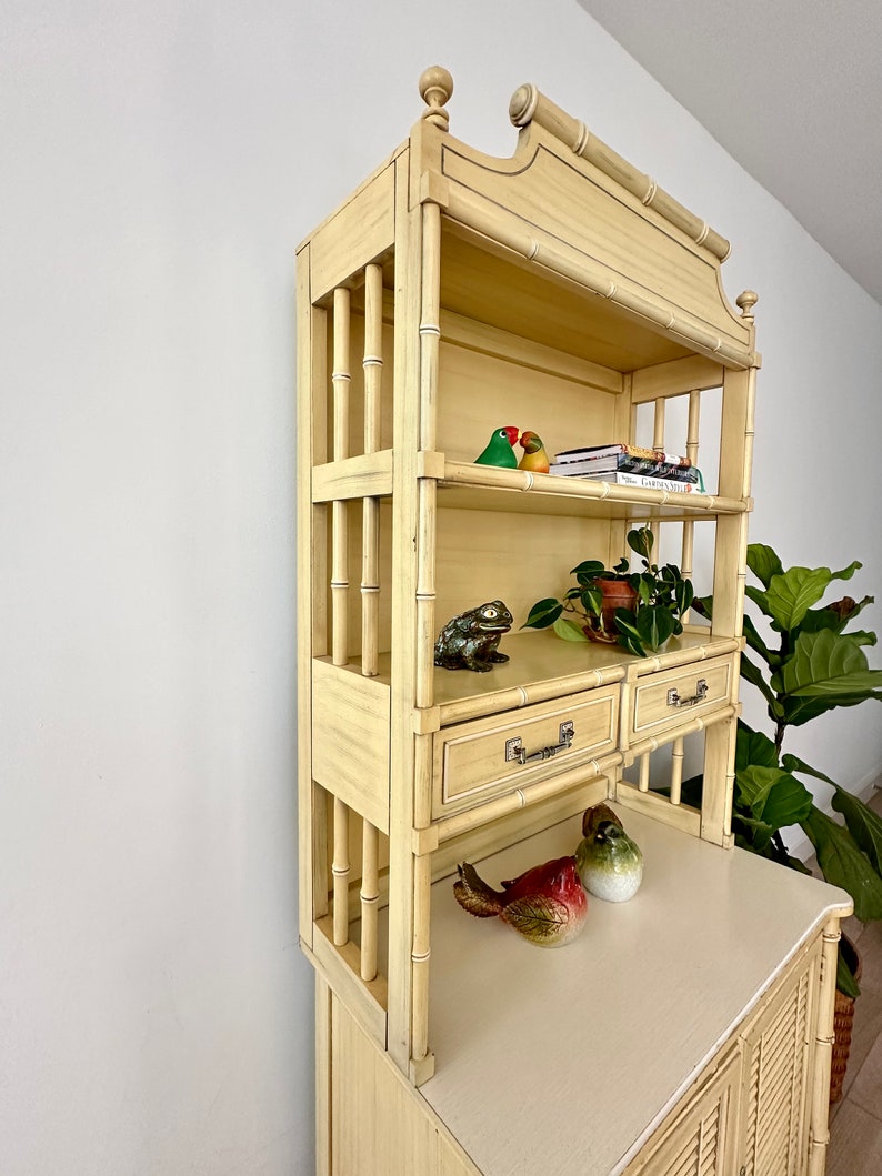 Vintage Henry Link Bali Hai Louvered Cabinet with Hutch Yellow Faux Bamboo Bookshelf image 4