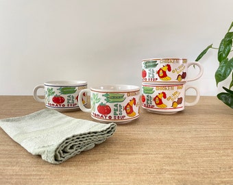 Vintage Soup Mugs - Set of 4 - Tomato Chicken Vegetable Mushroom Onion Pea Celery