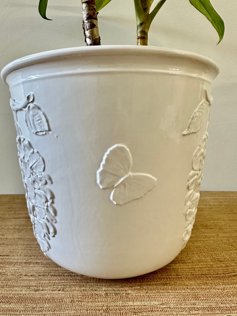 Vintage White Glazed Ceramic Planter with Grapes and Butterflies Made in Italy image 5