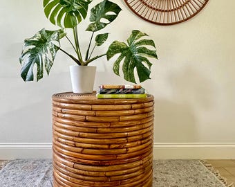 Vintage Rattan Pencil Reed Drum Side Table - Mid Century Boho Bamboo Accent Table