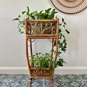 Vintage Tall Tortoiseshell Bamboo Plant Stand Two Tiered image 1