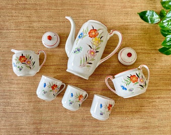 Vintage  Porcelain Floral Coffee/Tea Set - Creamer, Sugar, Pitcher and 4 Cups - Hand Painted - Made in Japan