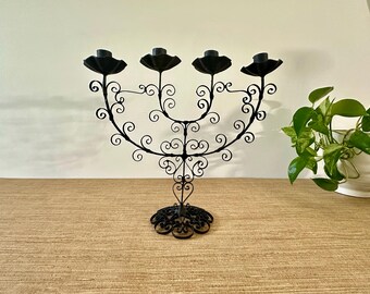 Vintage Black Spanish Wrought Iron Candelabra - Scroll Design - 4 Arm
