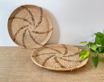 Vintage Large Round Wall Baskets with Swirl Design - Set of Two Woven Trays