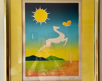 Vintage Framed Colorful Landscape Art for Kids Room of Cheery Yellow Sun, White Horse and Butterfly