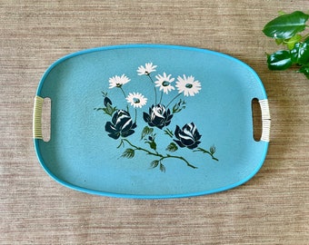 Vintage Blue Floral Oval Serving Tray with Handles - Yanmar Art - Made in Japan