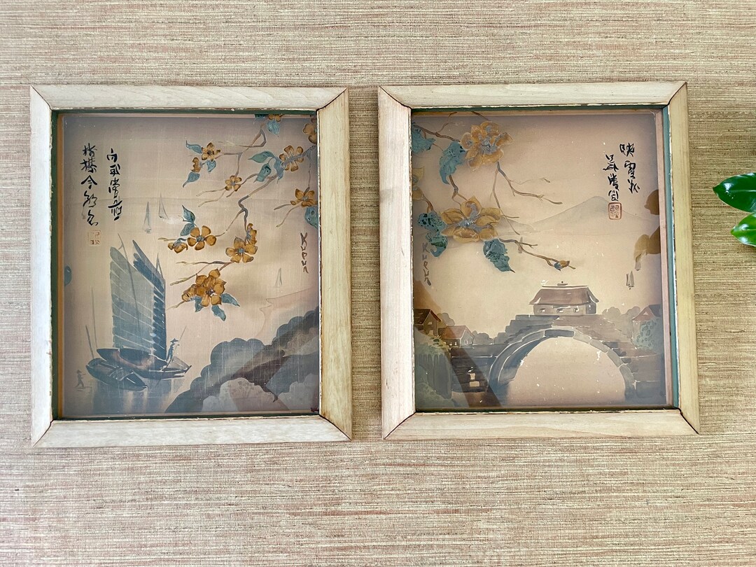 Antique Japanese Framed Art Painted Glass Set of 2 Etsy