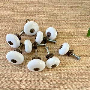 Vintage White Round Ceramic Knobs with Brass Centers for Drawer or Cabinet Sold in Sets image 3