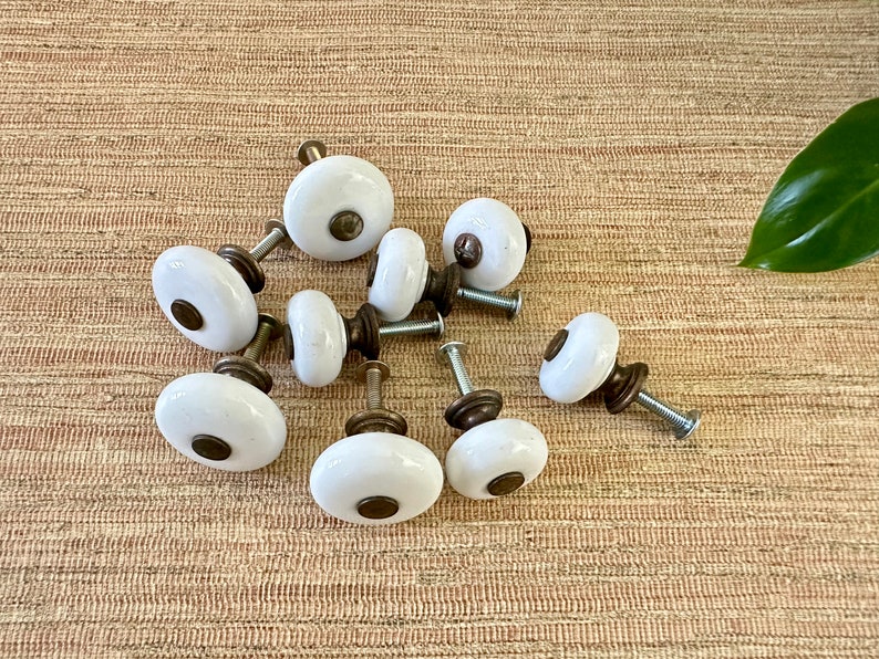 Vintage White Round Ceramic Knobs with Brass Centers for Drawer or Cabinet Sold in Sets image 3